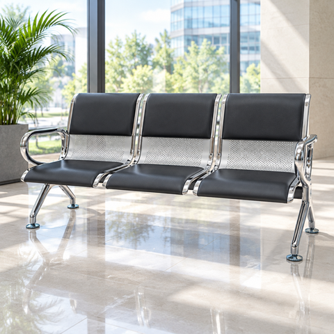 Airport Chair 3-Seater Steel Silver & Black PVC - UAE Delivery