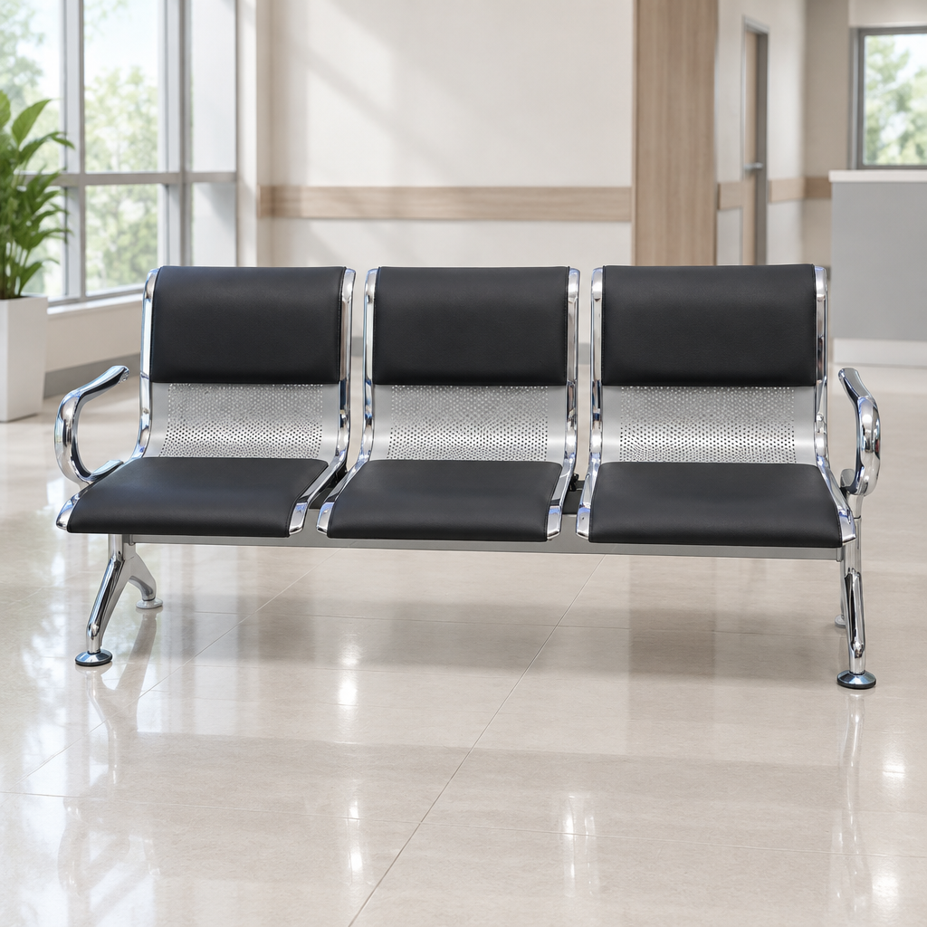 Airport Chair 3-Seater Steel Silver & Black PVC - UAE Delivery