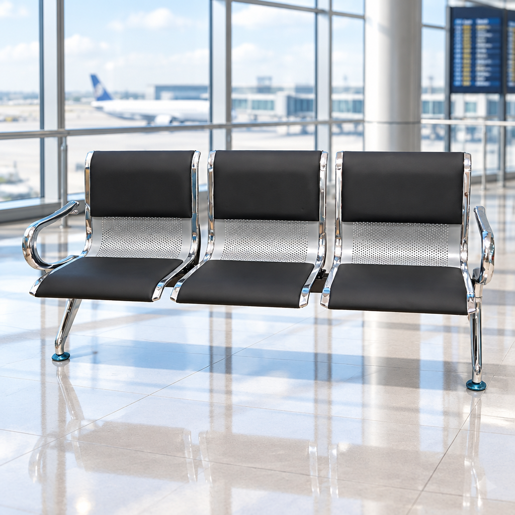 Airport Chair 3-Seater Steel Silver & Black PVC - UAE Delivery