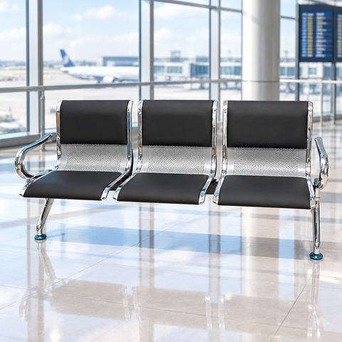 Airport Chair 3-Seater Steel Silver & Black PVC - UAE Delivery