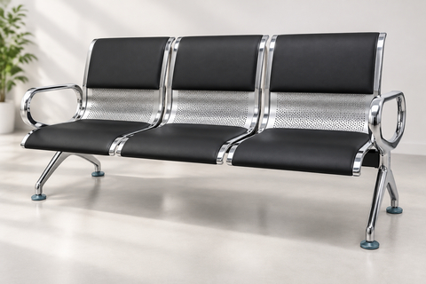 Airport Chair 3-Seater Steel Silver & Black PVC - UAE Delivery