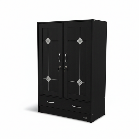 Black Double-Door Wardrobe with Silver Diamond Accents & Storage Drawers | Buy in UAE
