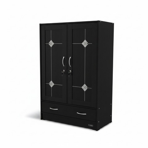 Black Double-Door Wardrobe with Silver Diamond Accents & Storage Drawers | Buy in UAE