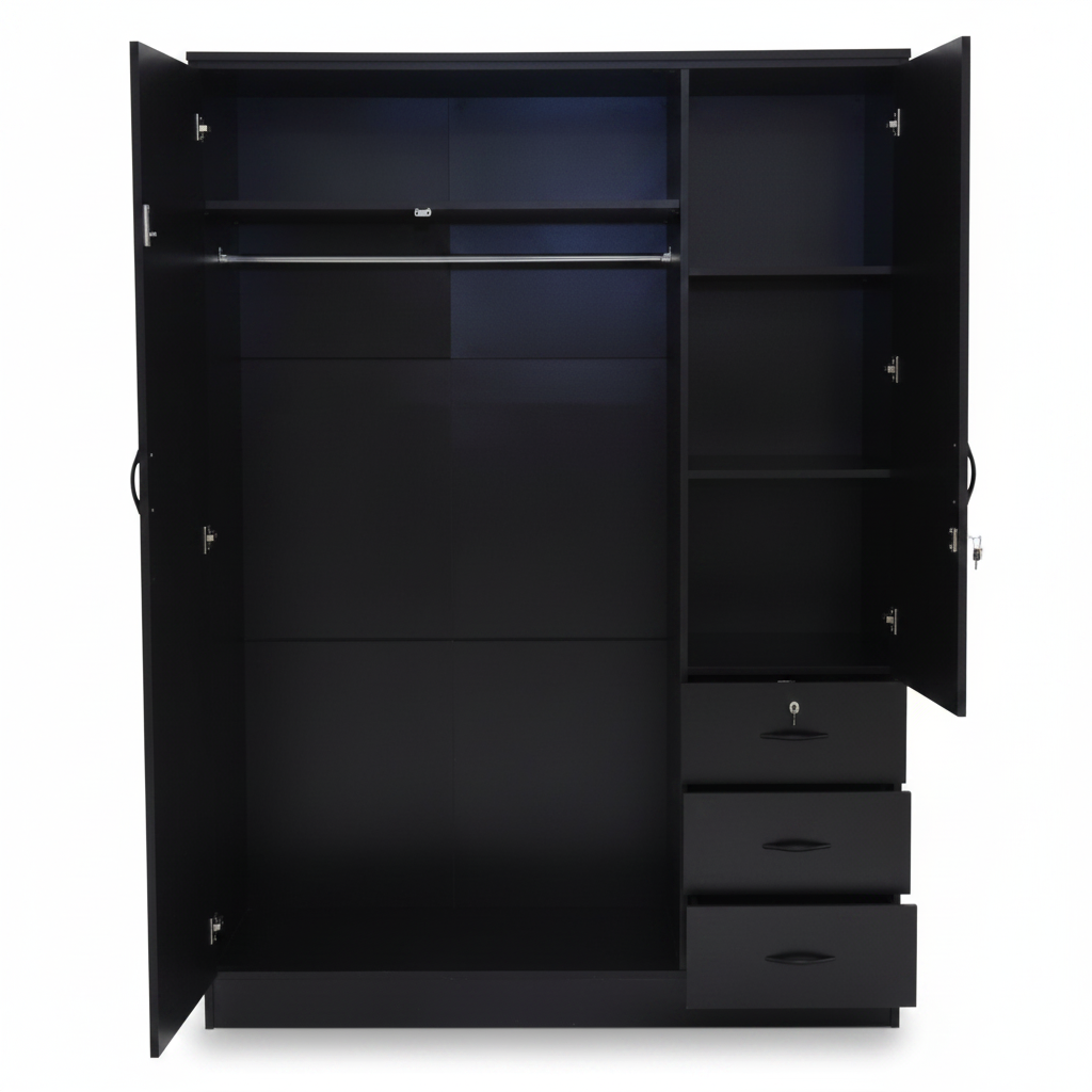 Black Three Door Wardrobe IH 633 Open Interior View – Wardrobe with Shelves UAE