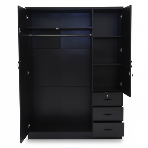 Black Three Door Wardrobe IH 633 Open Interior View – Wardrobe with Shelves UAE