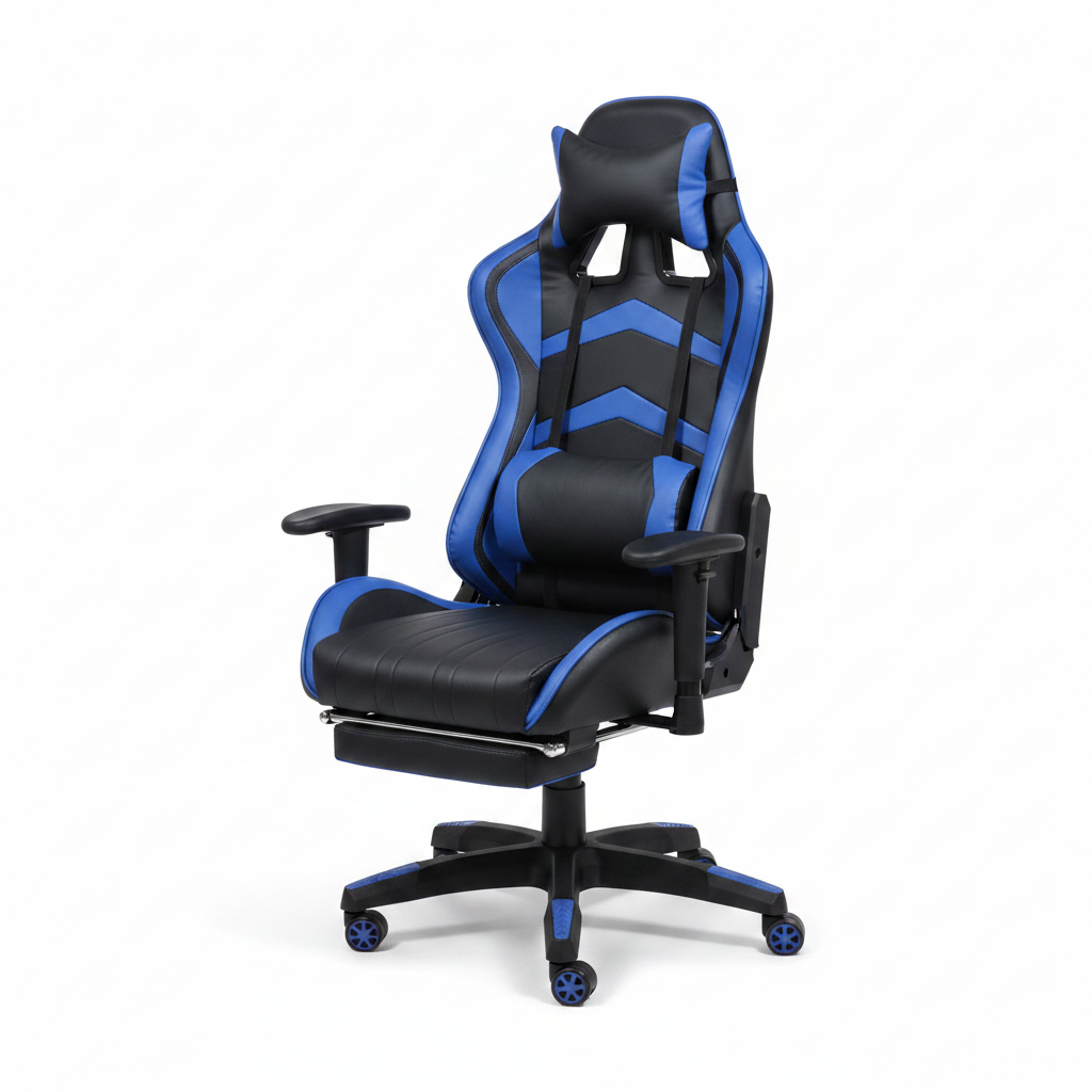 Black and Blue Ergonomic Gaming Chair with Adjustable Arms, Lumbar Support and Retractable Footrest – IH 768 | INFINI HOMES UAE