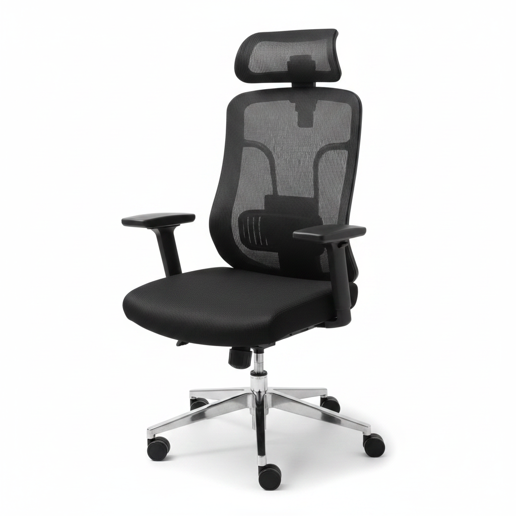 Black mesh high back office chair with chrome base and adjustable headrest – buy ergonomic chair UAE