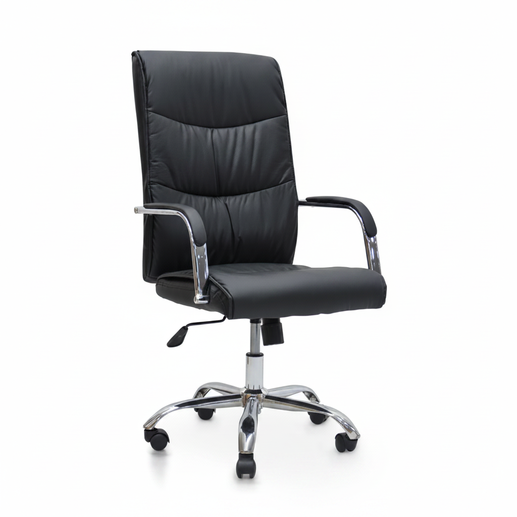 Mid-Back Executive Office Chair IH-107 Black leather with chrome armrests and caster wheels – front view