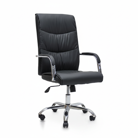 Mid-Back Executive Office Chair IH-107 Black leather with chrome armrests and caster wheels – front view