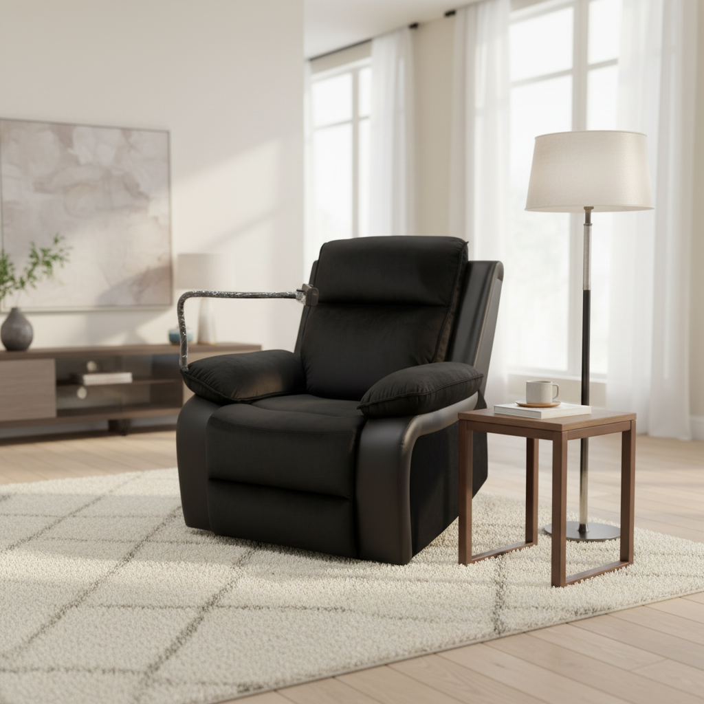 Swivel Recliner Chair with Mobile Holder - Brown Fabric & Black PU | IH 1145A-30