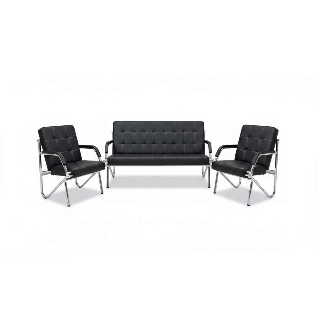 Black Leather Office Sofa Set 3+1+1 with Chrome Frame – Executive Seating UAE