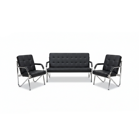 Black Leather Office Sofa Set 3+1+1 with Chrome Frame – Executive Seating UAE