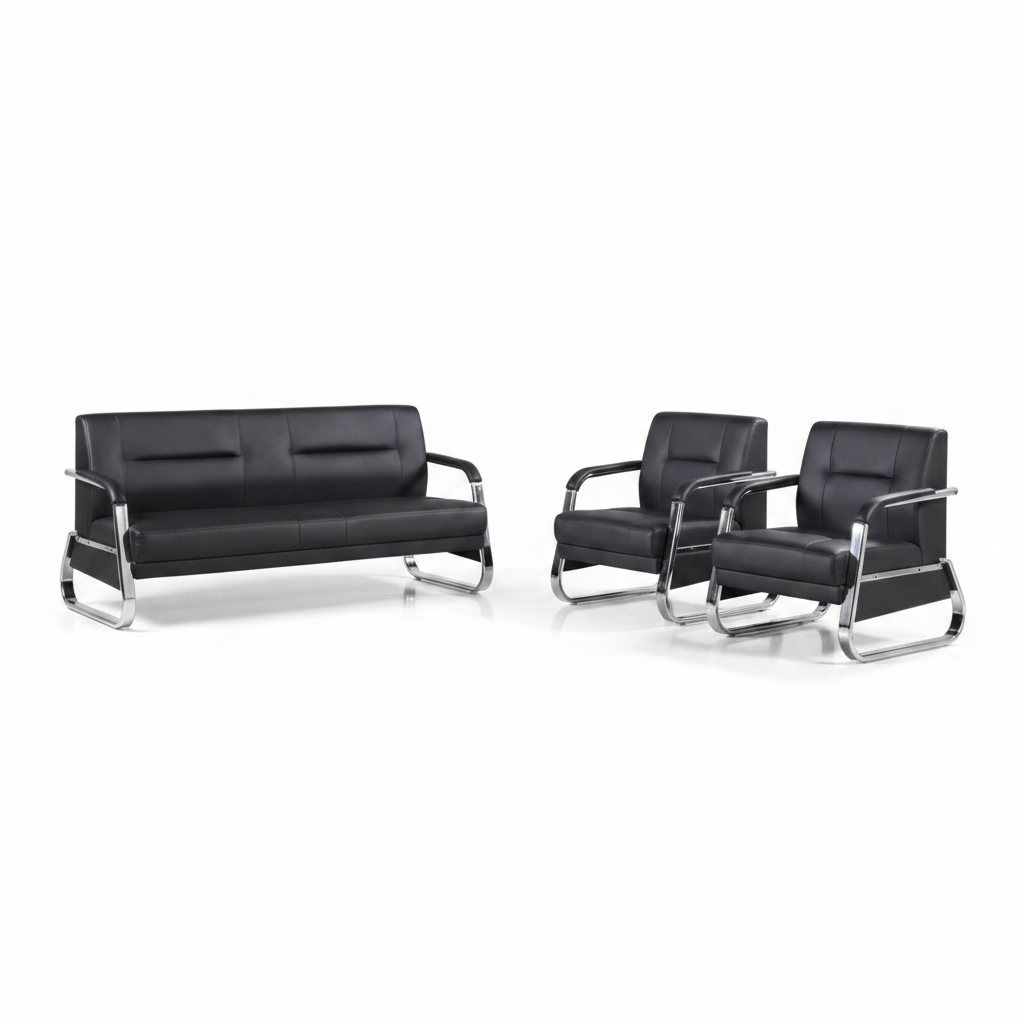Black PU Leather Office Sofa Set 3+1+1 with Chrome Frame - Executive Seating UAE | IH 685 | INFINI HOMES
