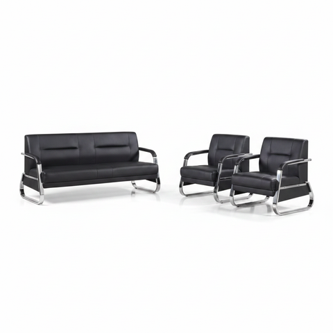 Black PU Leather Office Sofa Set 3+1+1 with Chrome Frame - Executive Seating UAE | IH 685 | INFINI HOMES