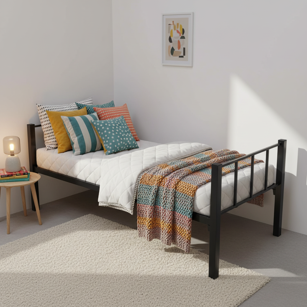 Heavy Duty Steel Single Bed 90x190cm IH 40-2 – Black Metal Bed Cozy Bedroom Setup | INFINI HOMES UAE