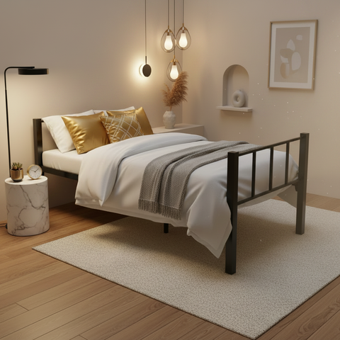 Heavy Duty Steel Single Bed IH 40-2 – Black Metal Bed Gold Luxury Interior | Dubai UAE