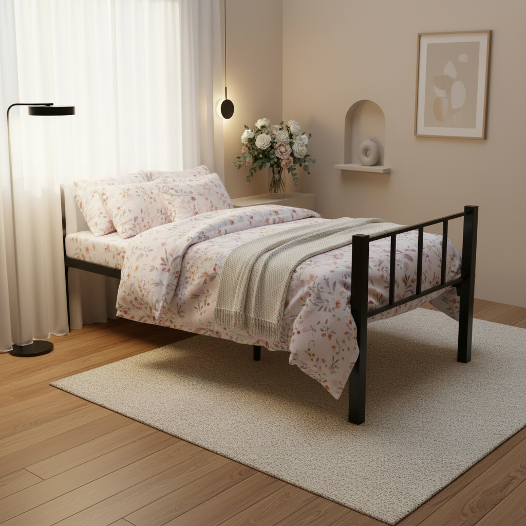 Steel Single Bed 90x190cm IH 40-2 – Black Metal Frame Pastel Guest Room | INFINI HOMES UAE Delivery