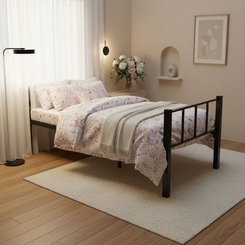 Steel Single Bed 90x190cm IH 40-2 – Black Metal Frame Pastel Guest Room | INFINI HOMES UAE Delivery