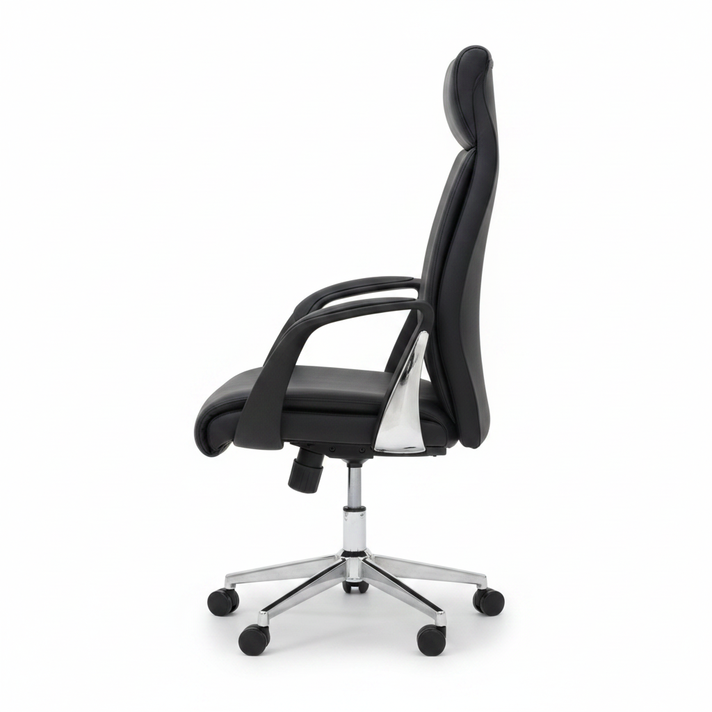 Black executive ergonomic office chair IH-954H-BLK side view, PU leather upholstery with chrome swivel base – office furniture UAE