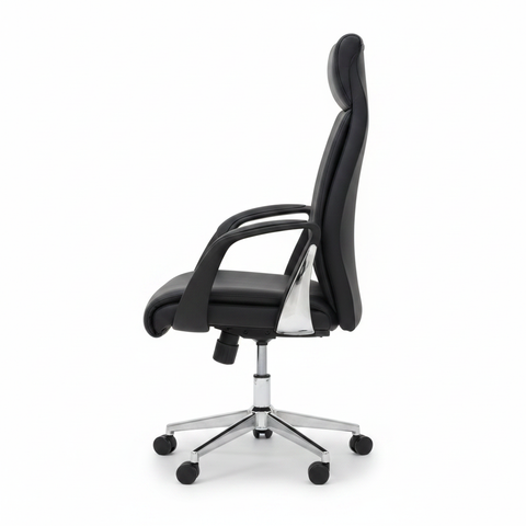 Black executive ergonomic office chair IH-954H-BLK side view, PU leather upholstery with chrome swivel base – office furniture UAE