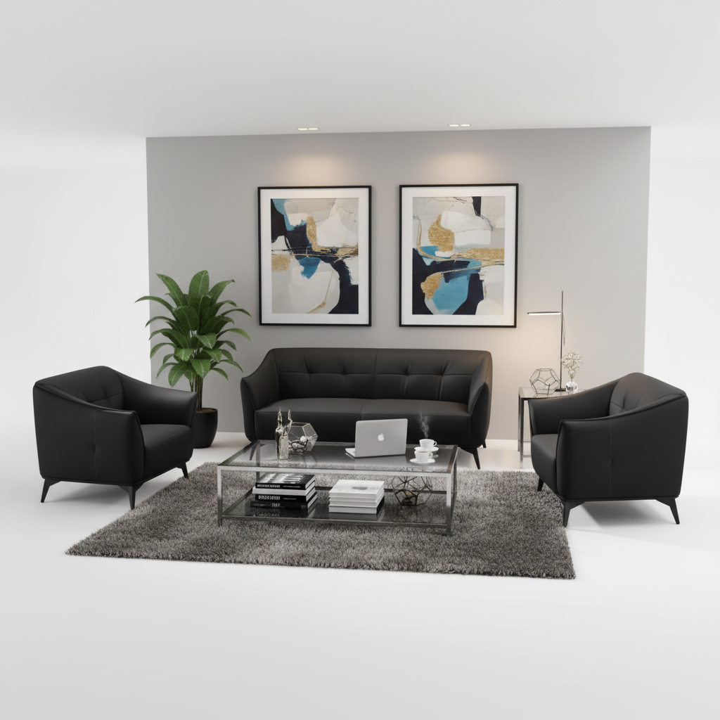 Aurora 8136 Black Leather Sofa Set - 3 Seater, 2 Seater & 1 Seater | Premium Living Room Furniture UAE
