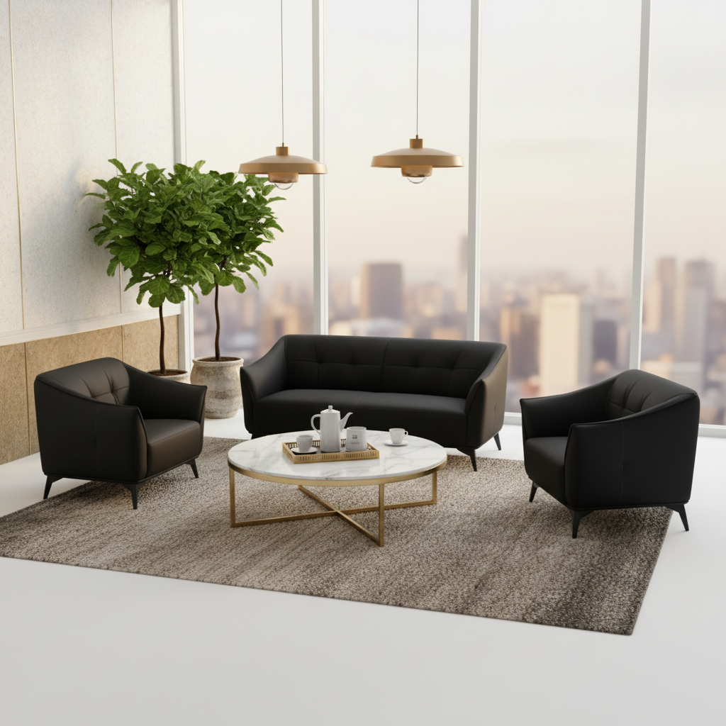 Aurora 8136 Black Leather Sofa Set - 3 Seater, 2 Seater & 1 Seater | Premium Living Room Furniture UAE