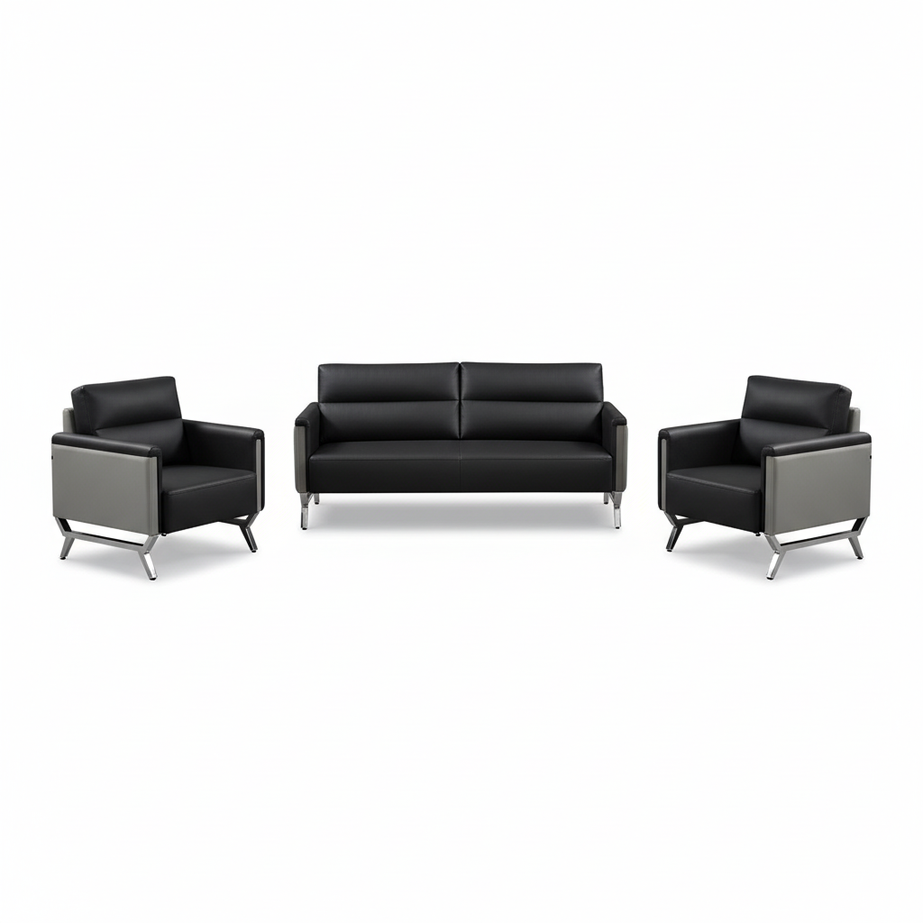 Capri 3 Seater Sofa Set Black Grey PU Leather | Modern Living Room Furniture UAE
