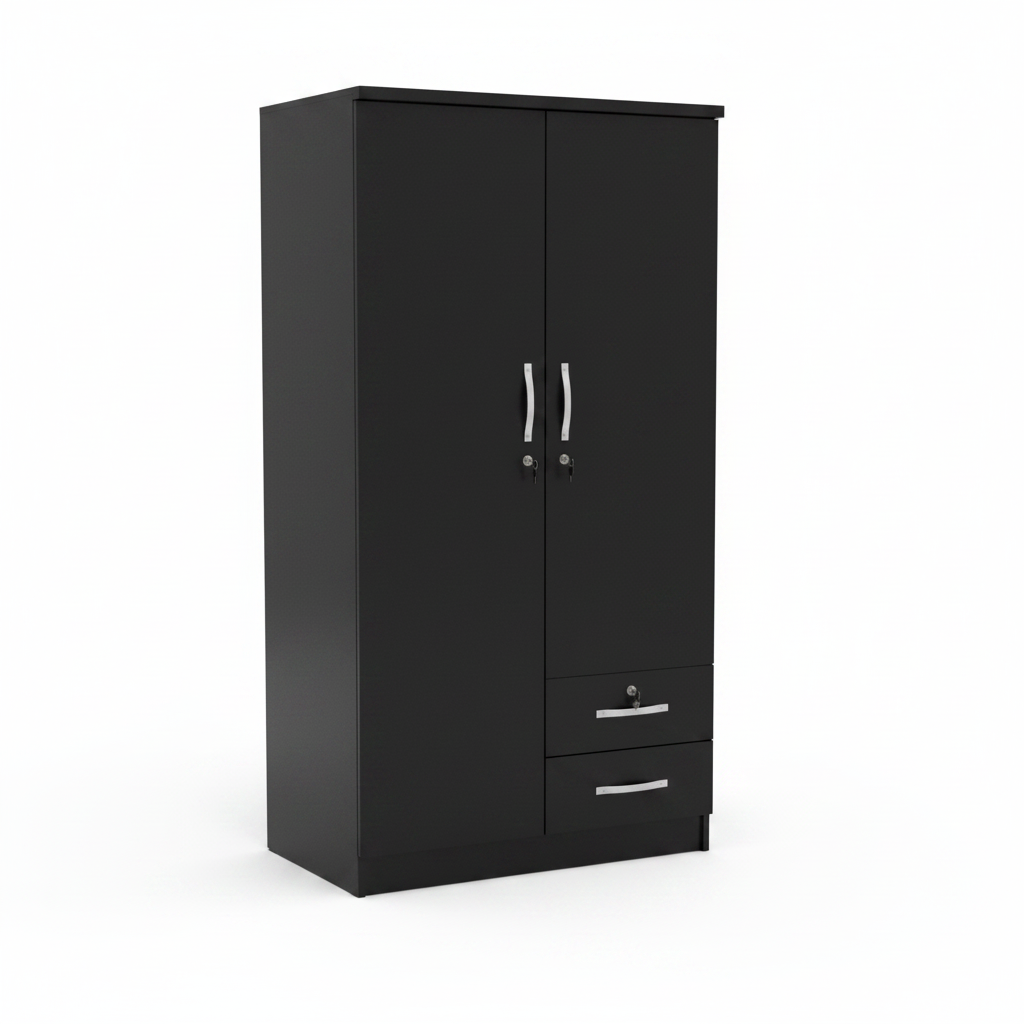 Two Door Black Wooden Wardrobe with 2 Drawers and Silver Handles – IH 622 Wardrobe Dubai UAE