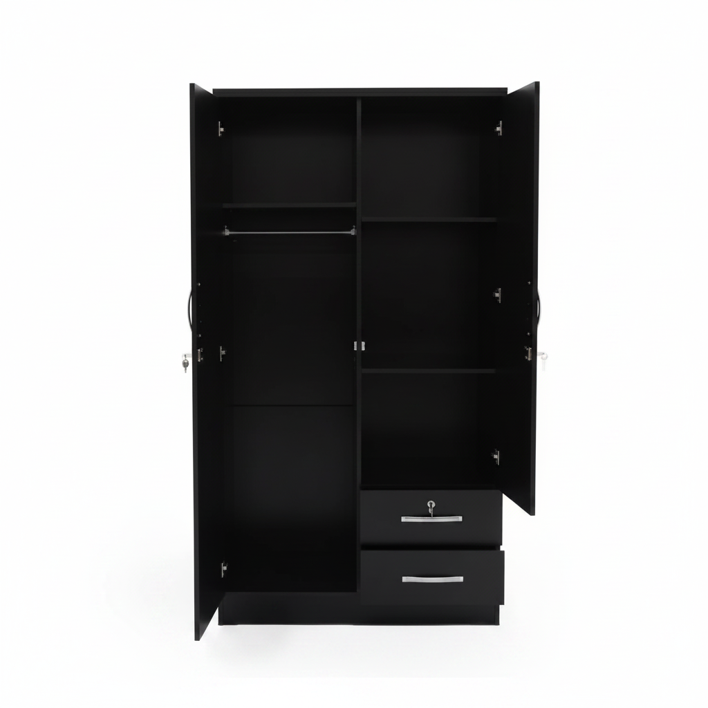 Black Wardrobe IH 622 Open Interior Showing Hanging Rail, Shelves and 2 Lockable Drawers – UAE