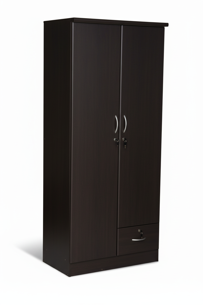 INFINI HOMES 2 Door Wooden Wardrobe UAE - White Engineered Wood 1 Lockable Drawer Modern Dubai Abu Dhabi Sharjah Dark Brown