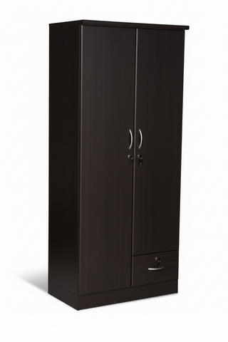 INFINI HOMES 2 Door Wooden Wardrobe UAE - White Engineered Wood 1 Lockable Drawer Modern Dubai Abu Dhabi Sharjah Dark Brown