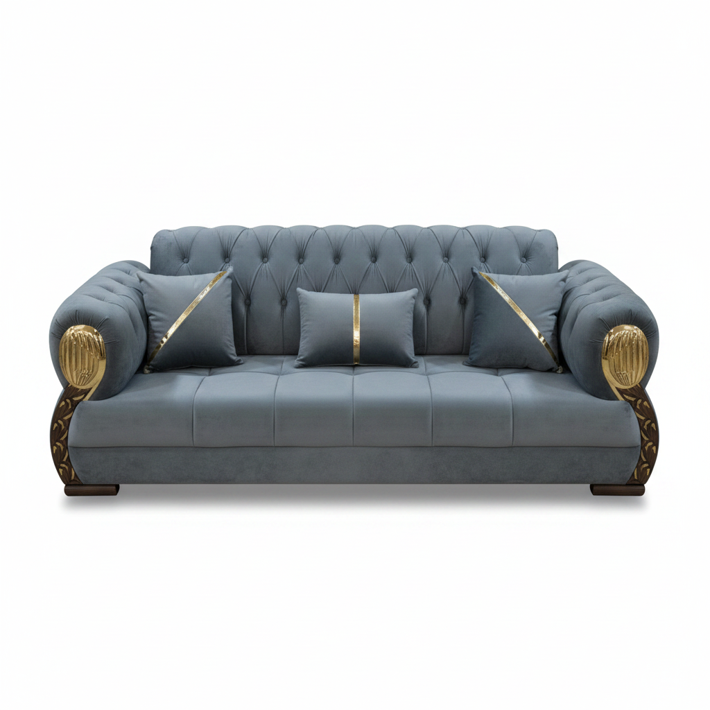 Grey tufted 3-seater sofa with gold accents – INFINI HOMES IH 03 luxury living room sofa UAE