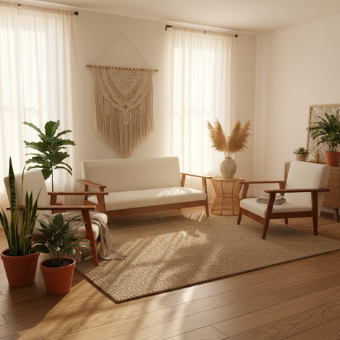 Wooden Sofa Set 3+1+1 | Cherry Wood & Off-White Cushions – INFINI HOMES