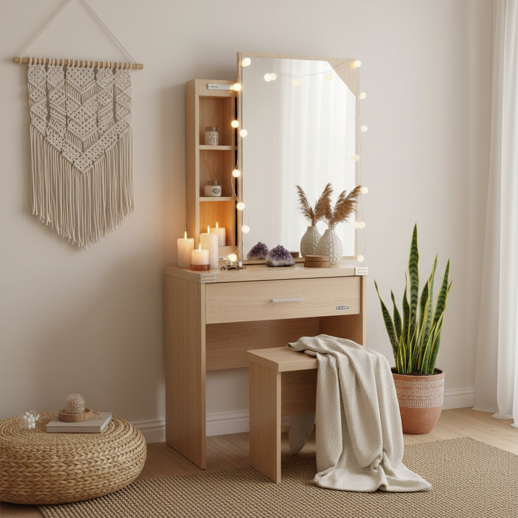 Sliding Mirror Dressing Table with Stool – Natural Oak Finish | UAE Delivery