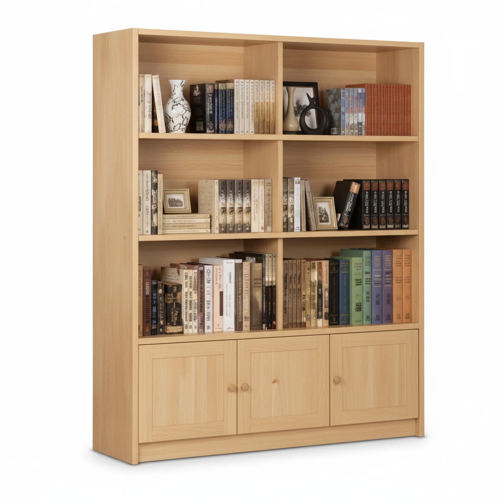 Natural Oak Bookcase with 3-Door Cabinet UAE | Open Shelf Storage Unit Dubai | Infini Homes