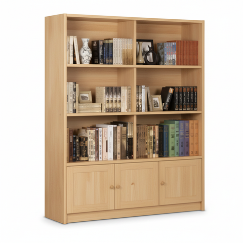 Natural Oak Bookcase with 3-Door Cabinet UAE | Open Shelf Storage Unit Dubai | Infini Homes