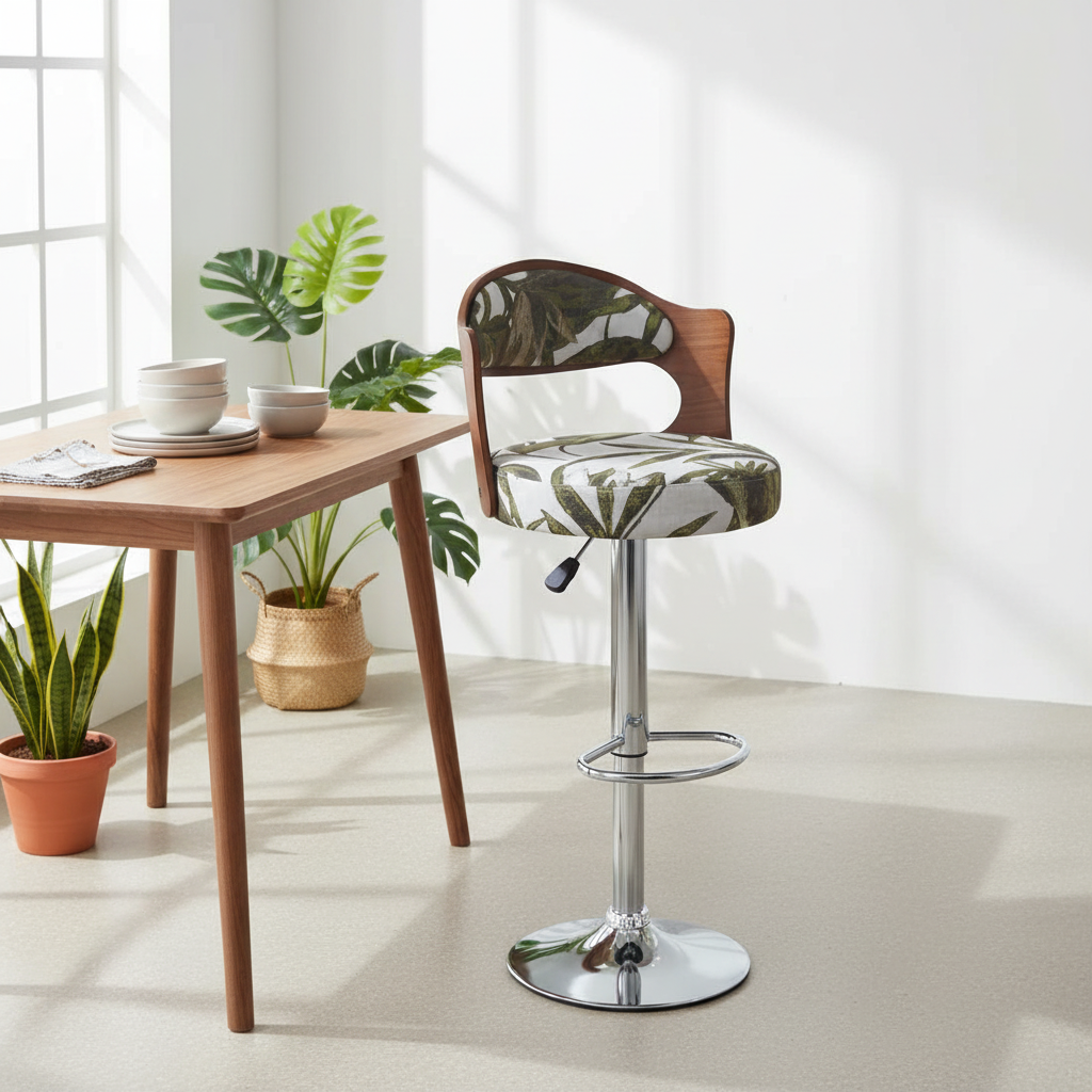 INFINI HOMES Bar Chair IH 245 – Botanical Print Bar Stool with Walnut Back and Chrome Base in Modern UAE Home Interior