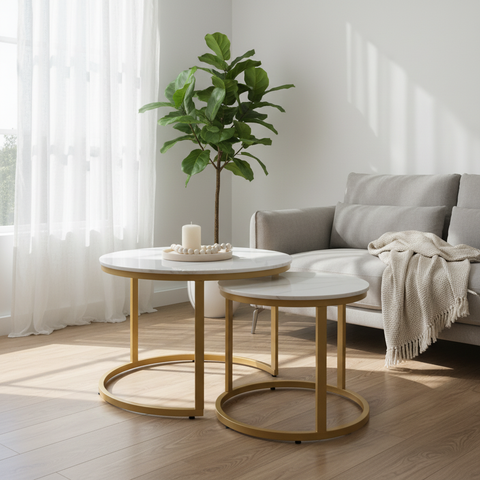 Sintered Stone Coffee Table Set (1+1) | IH 6-1 | 70×70 & 50×50 cm | Golden Base