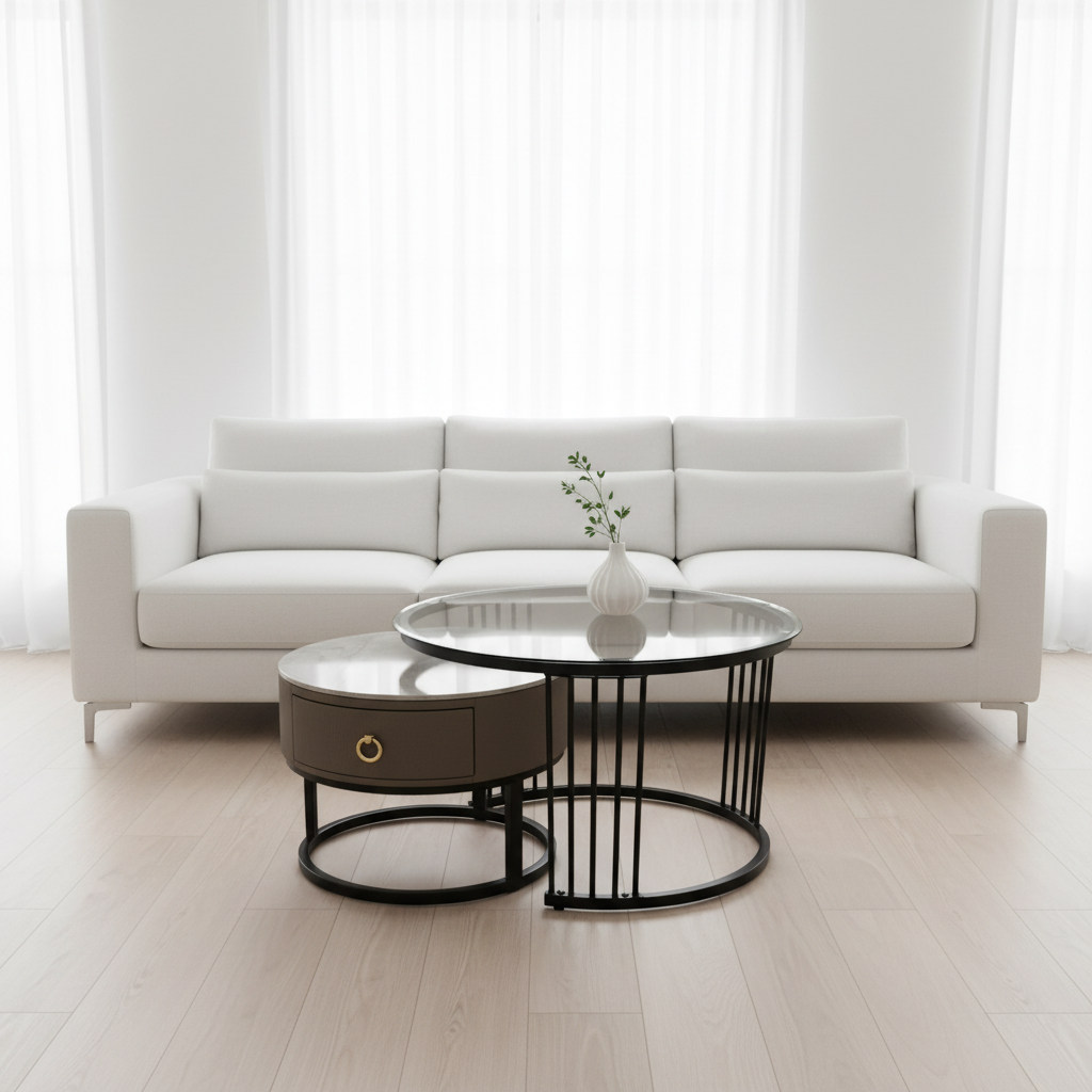 Bright Minimalist Coffee Table Set Black Glass Taupe Marble – UAE Home Furniture