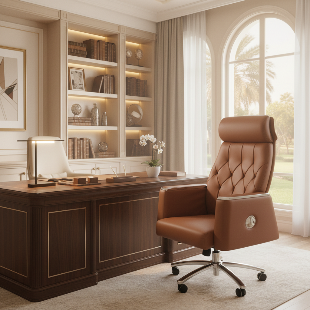 Executive Boss Chair UAE | High Back Recliner Brown Office Chair with Chrome Base | IH A23