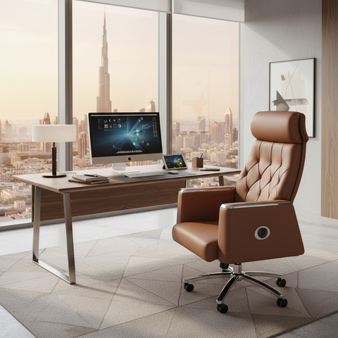 Executive Boss Chair UAE | High Back Recliner Brown Office Chair with Chrome Base | IH A23