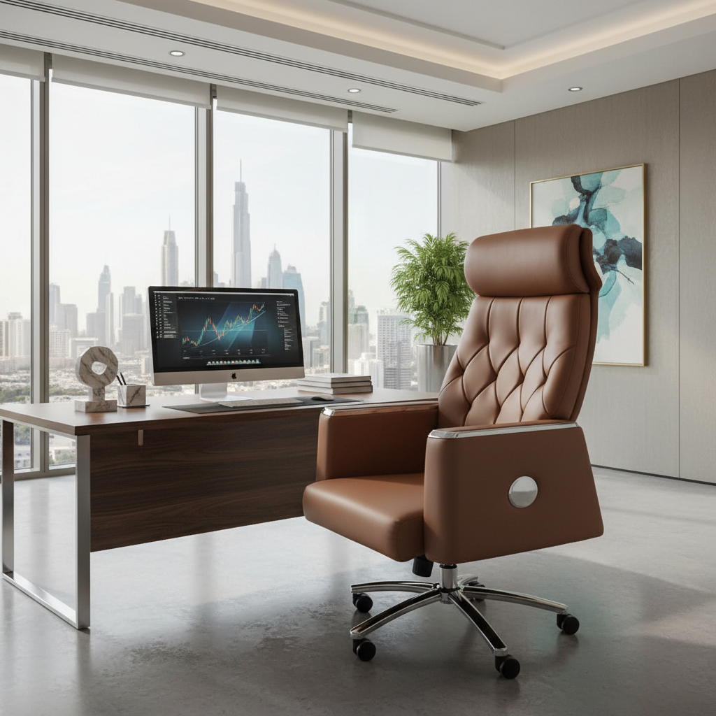 Executive Boss Chair UAE | High Back Recliner Brown Office Chair with Chrome Base | IH A23