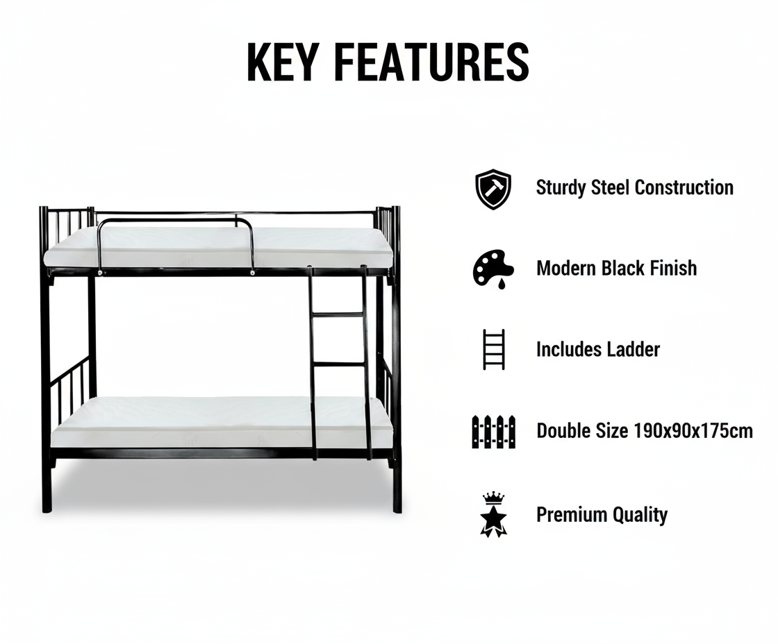 Premium Steel Metal Bunk Bed with mattress 90x190 Dubai UAE | Double Black Bunk Bed with Mattress & Ladder | INFINI HOMES
