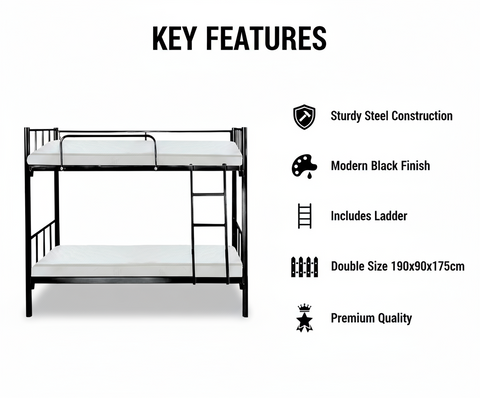 Premium Steel Metal Bunk Bed with mattress 90x190 Dubai UAE | Double Black Bunk Bed with Mattress & Ladder | INFINI HOMES