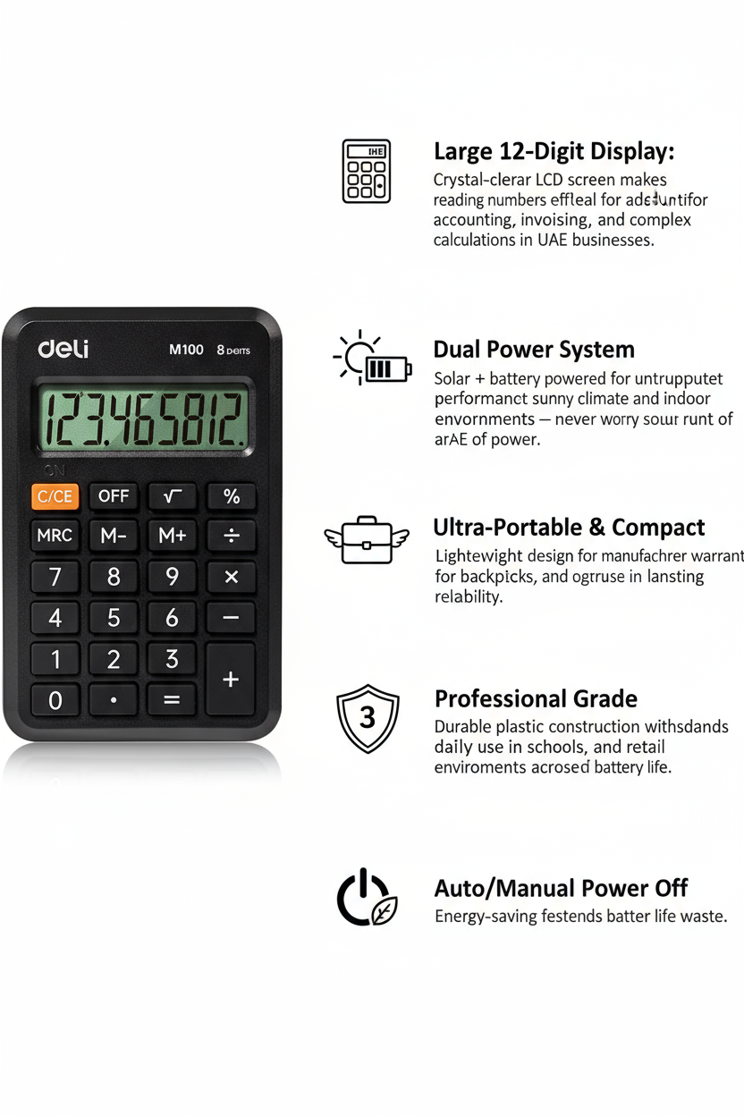Deli EM100 Calculator 12-Digit Display Dubai UAE | Portable Solar Calculator for Office School | Dual Power Desktop Calculator
