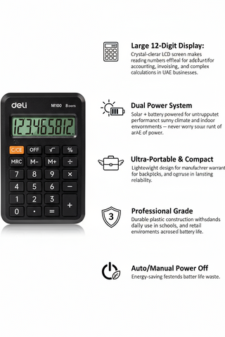 Deli EM100 Calculator 12-Digit Display Dubai UAE | Portable Solar Calculator for Office School | Dual Power Desktop Calculator