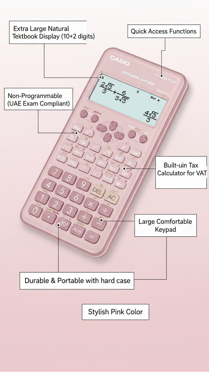 Casio FX-82ES Plus Scientific Calculator (Pink) – 252 Functions, Non-Programmable, Ideal for UAE School & University Use