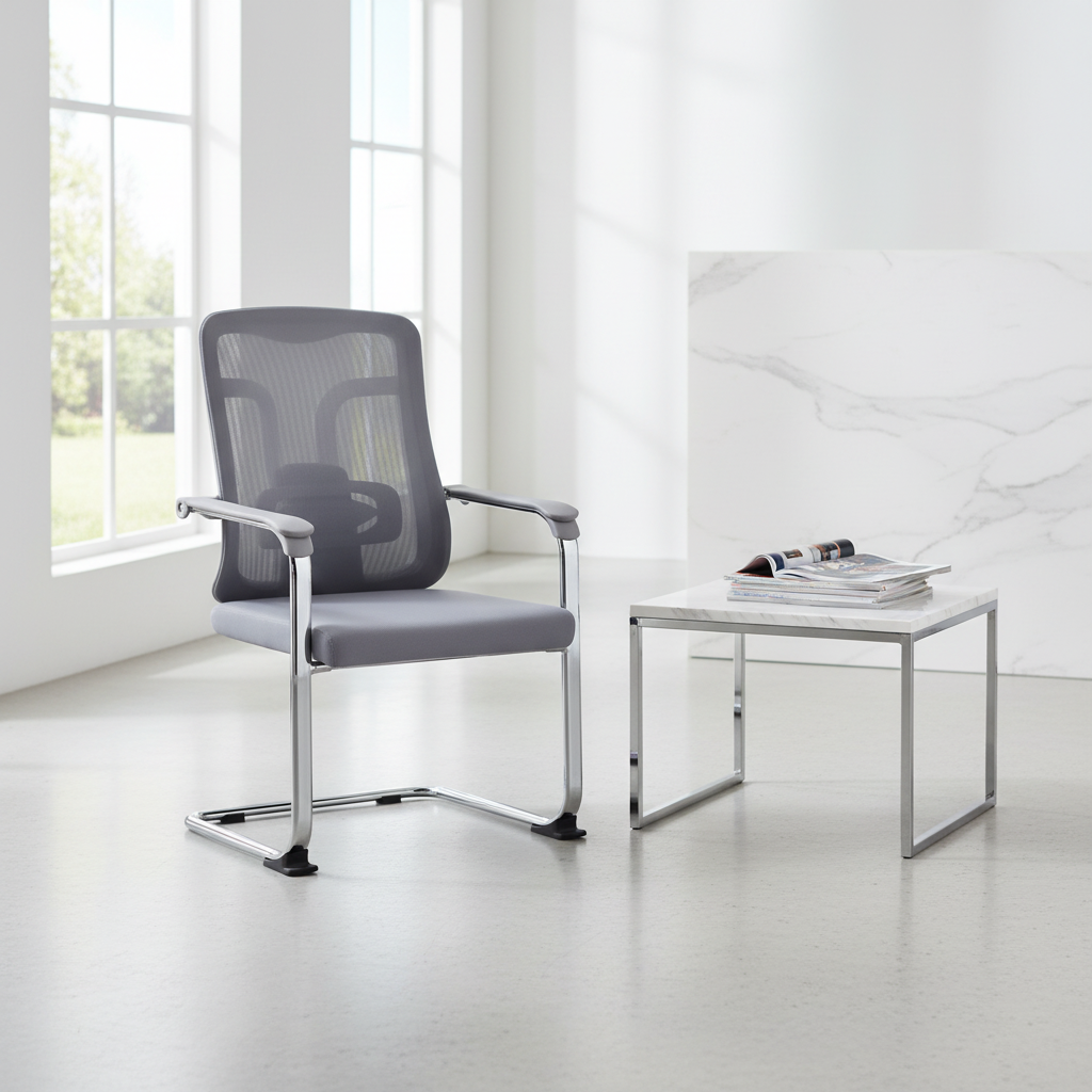 Ergonomic Mesh Visitor Grey Chair with Chrome Arms - Office Guest Chair UAE | IH D-215