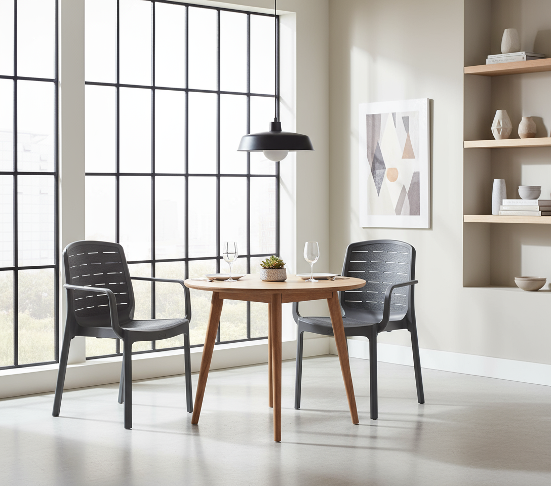 Premium dark grey armchairs in modern UAE dining room - Cedargrain furniture set Dubai