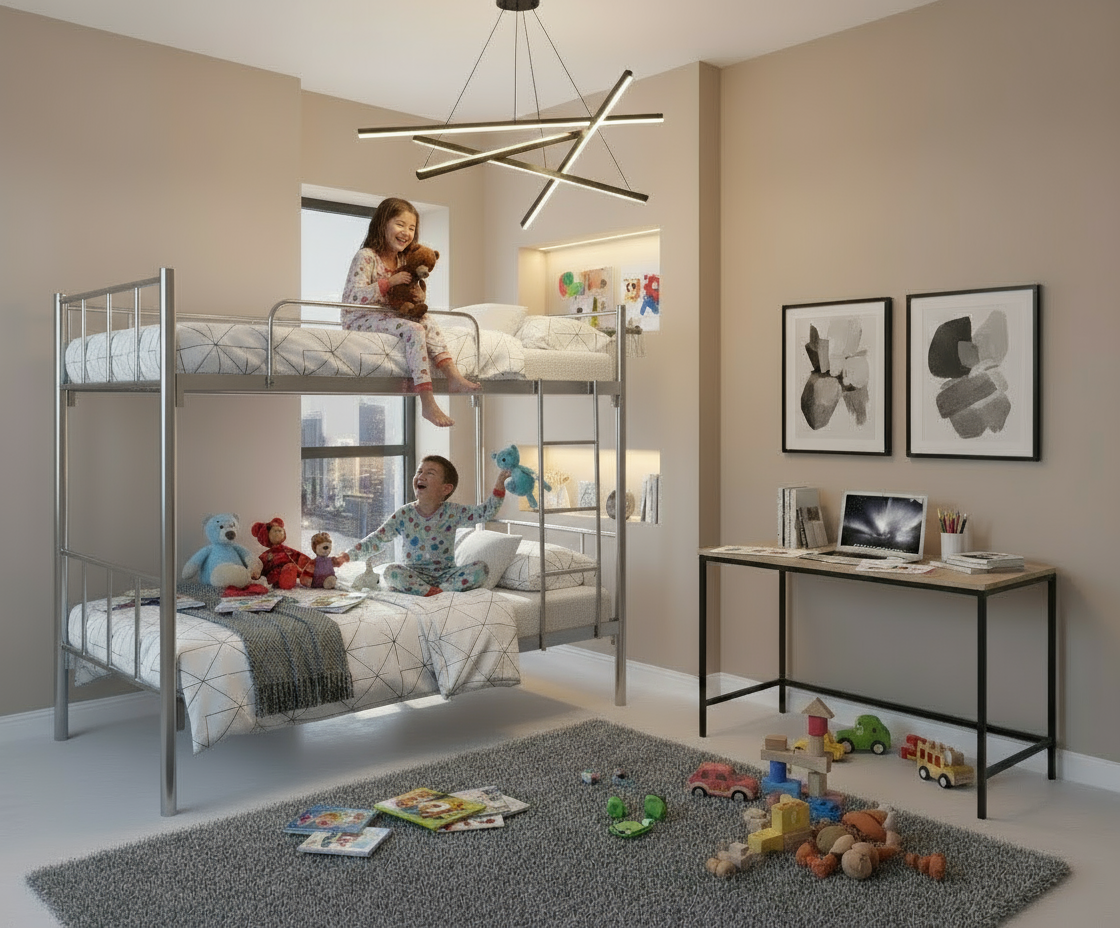 Premium Steel Metal Bunk Bed with mattress 90x190 Dubai UAE | Double Grey Bunk Bed with Mattress & Ladder | INFINI HOMES